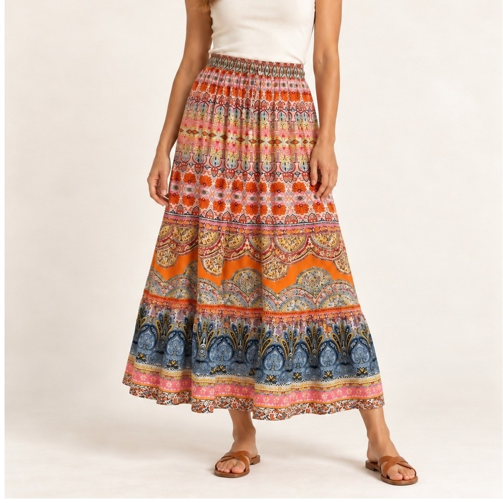 Rachel Zoe Paisley Maxi Skirt Size M Est Orange Pink Boho Elastic Waist Viscose